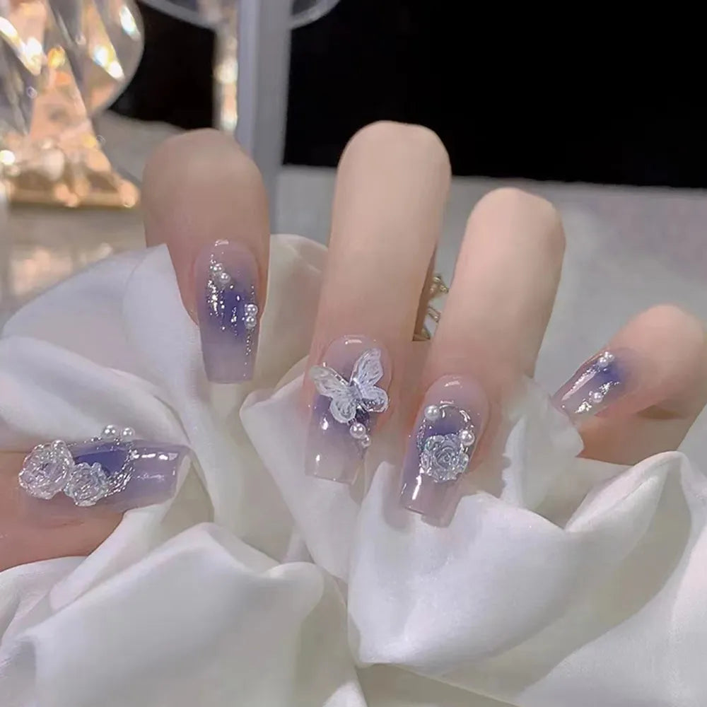 Medium Length Fake Nails 3D Flower Pearl Designs Nude Pink Color Press on Nails Ballerina False Nails for Women DIY Manicure