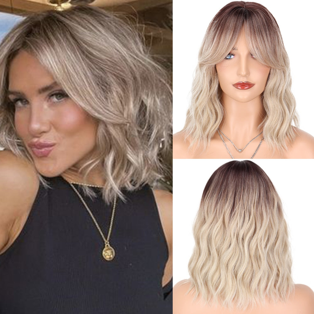 Synthetic Wigs Short Bob With Bangs For Women Ombre Black Red Blonde Pink Lolita Cosplay Party Natural Hair Roll inward