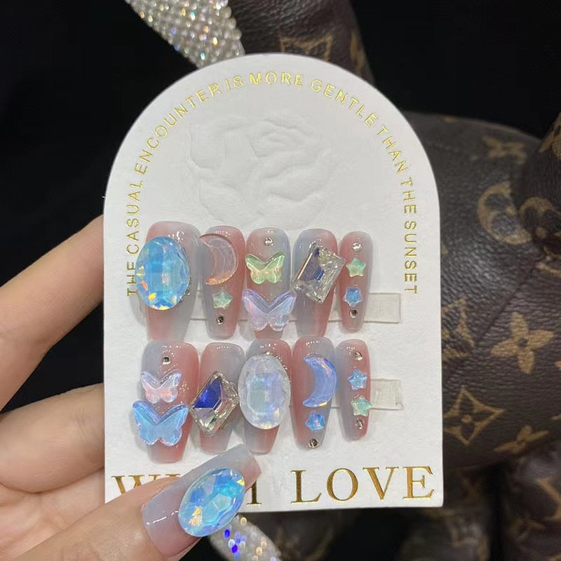 Colourful Handmade Wearing Fake Nails Blue Love Romantic Ice Translucent Colour Finished False Nail Art Removable Easy To Carry