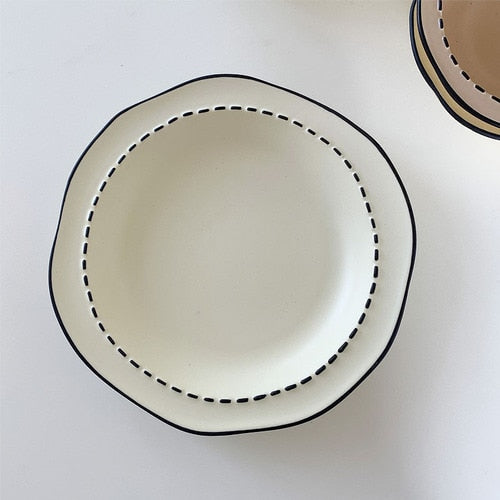 Japanese Cream Cartoon Ceramic Tableware Set Irregular Rice Bowl Soup Ceramic Plate Household Dish Stripe