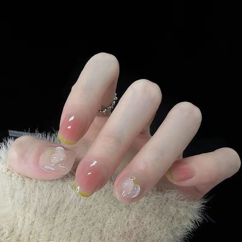 24pcs removeable Romantic Rose short press on nails full cover false nails with glue Bowknot Camellia Diamonds fake Nails