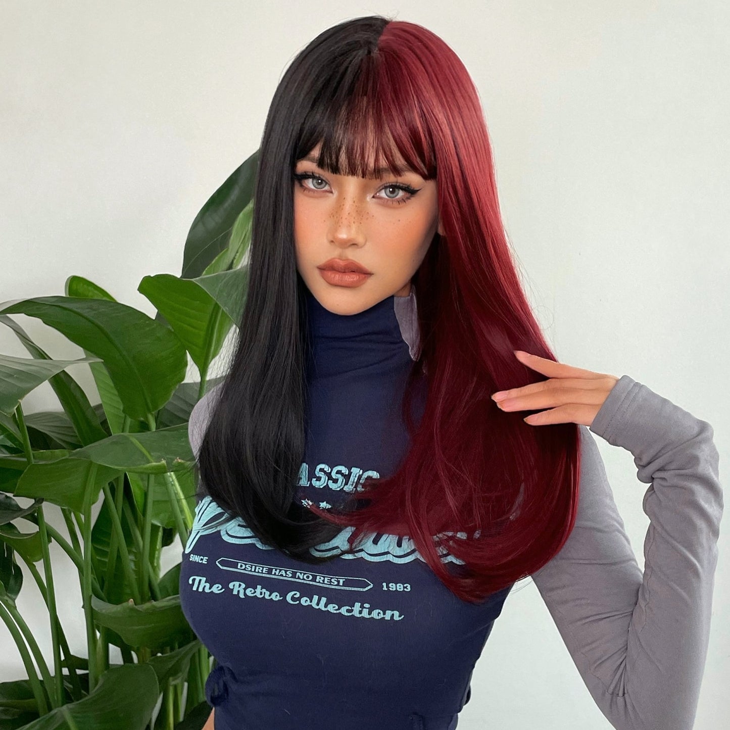Black and Dark Red Long Straight Synthetic Hair Wigs with Bangs Cosplay Party Halloween Two Tone Wig for Women Heat Resistant