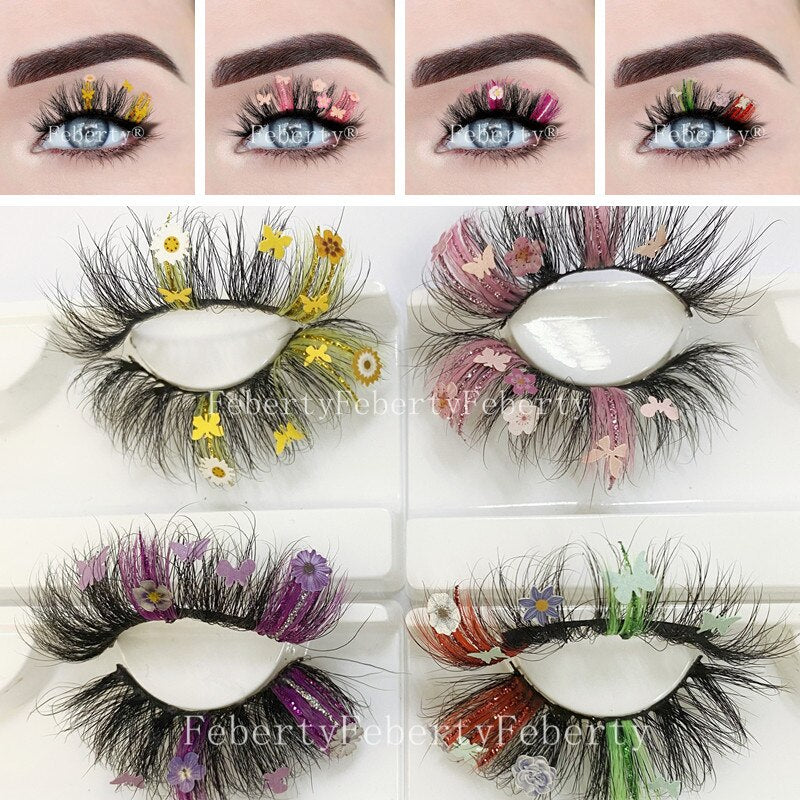 Fluffy lashes 25mm glitter Mink Lashes With Butterfly flowers yellow Pink Green Colorful Lashes Glitter False Eyelashes