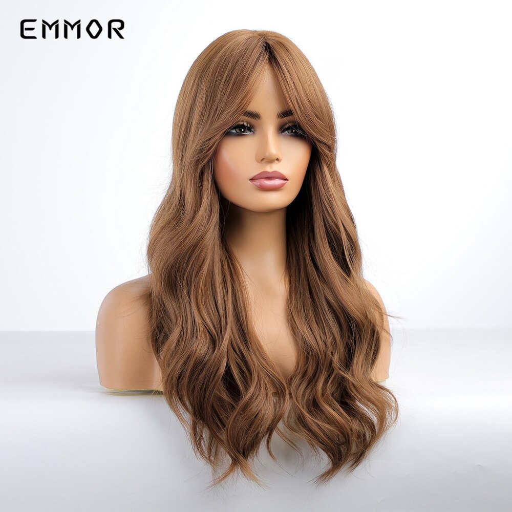 Synthetic Long Wavy Wigs with Bangs Cosplay Natural Ombre Brown to Dark Blonde Hair for Women High Temperature Fiber Wig