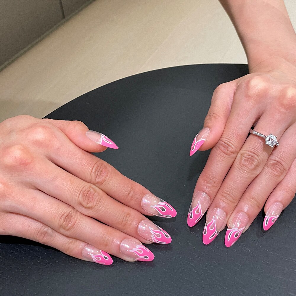 24pcs wearable pink flame press on nails full cover ballet Artificial nails short almond False nails with glue full cover