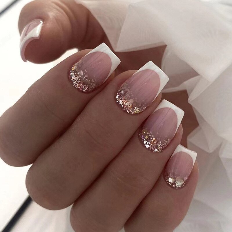 24Pcs Frosted Short Coffin False Nails Blue Purple Glitter with French Design Wearable Fake Nails Ballet Press on Nails Tips