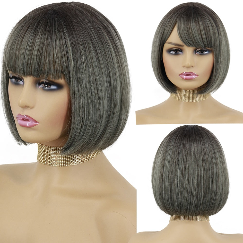 Synthetic Wigs Short Bob With Bangs For Women Ombre Black Red Blonde Pink Lolita Cosplay Party Natural Hair Roll inward