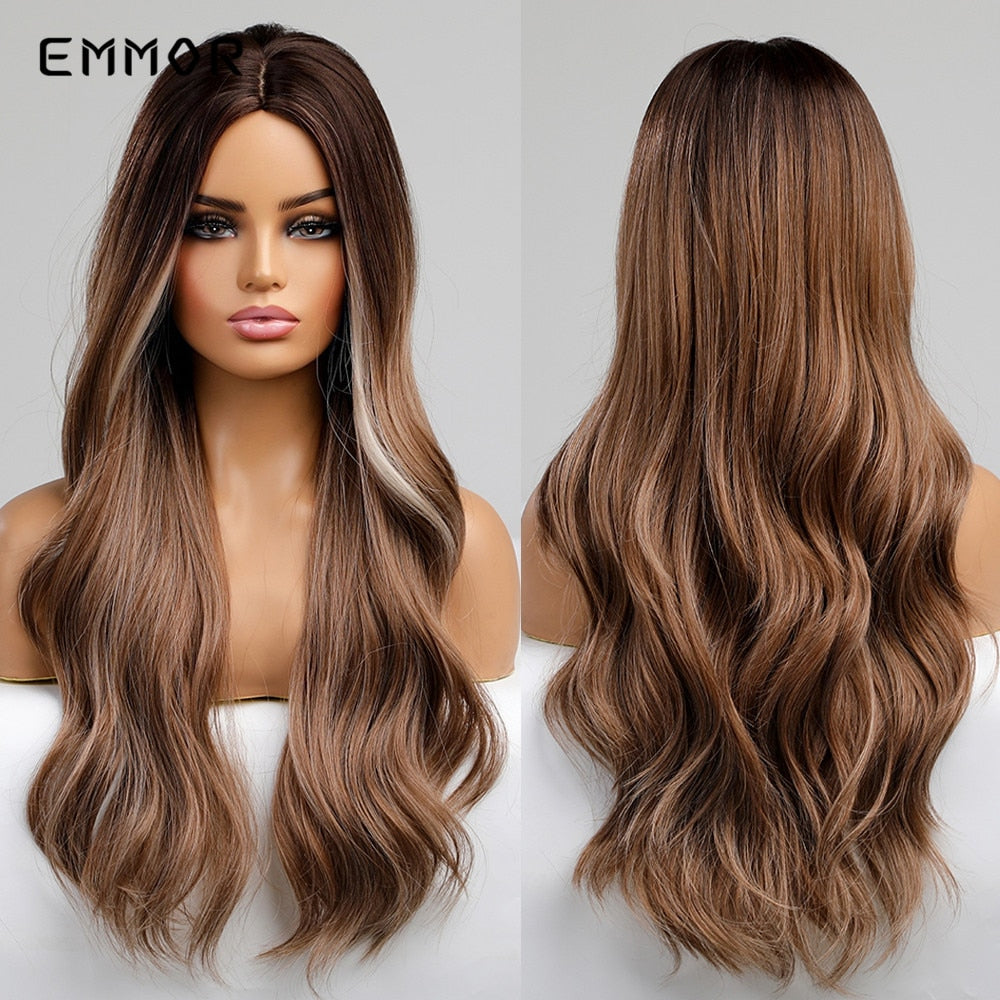 Synthetic Long Wavy Wigs with Bangs for Women Cosplay Natural Ombre Brown to Light Blonde Hair Wig High Temperature Fiber