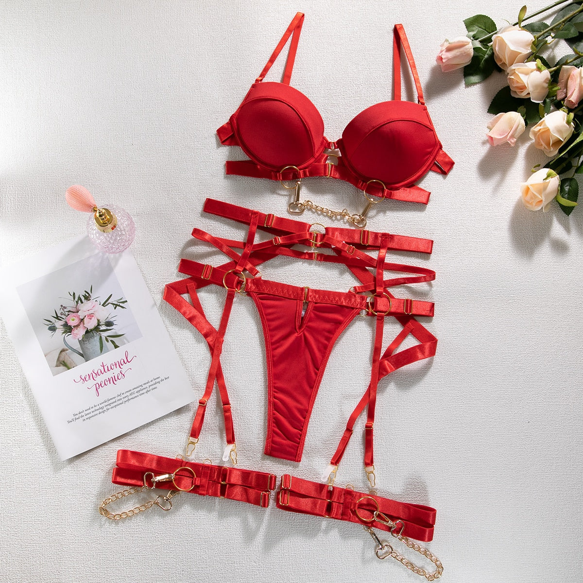 Fine Lingerie Sexy Fancy Underwear 5-Piece Delicate Luxury Erotic Sets With Chain Bra And Panty Set Garters Intimate