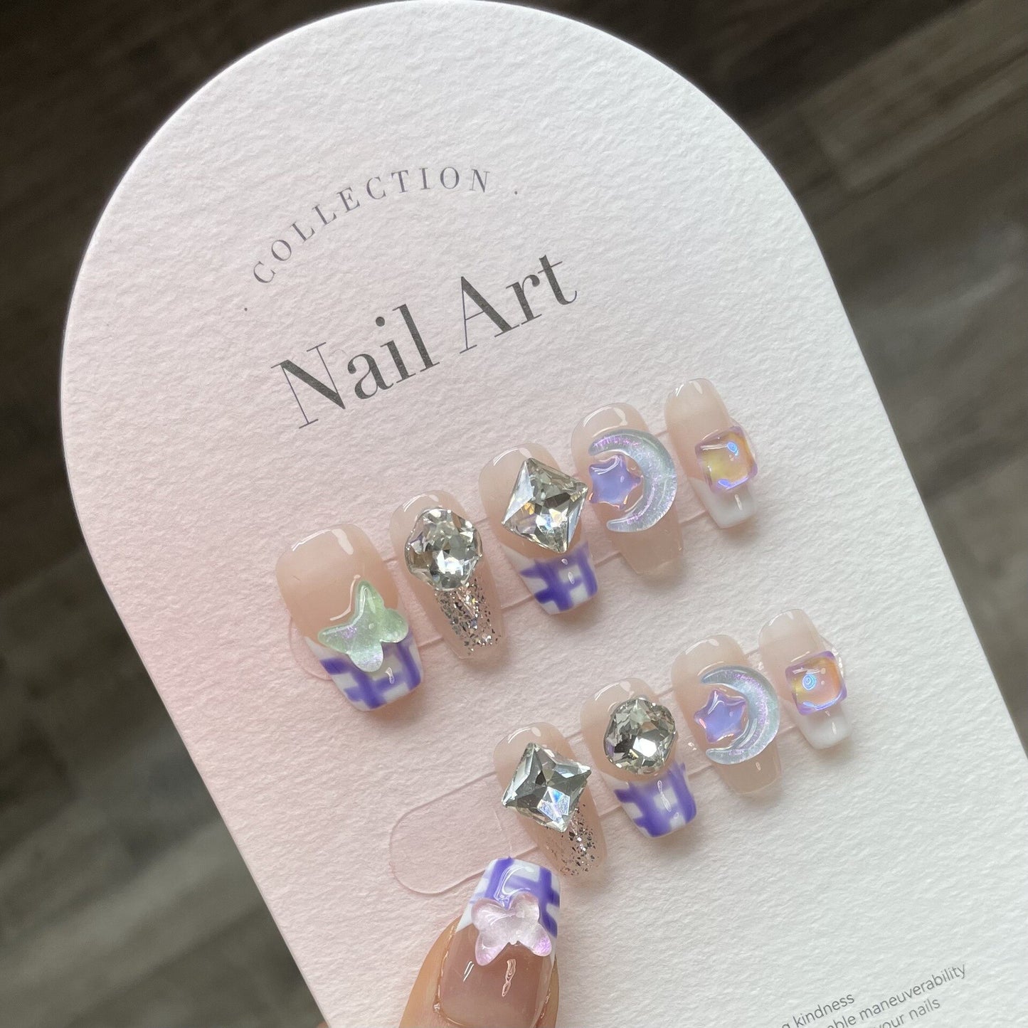 10Pcs Set Grey Gradient Handmade Press On Nails Butterfly Snow False Nails Decoration Rhinestones Fake Nails Tips Art Manicure