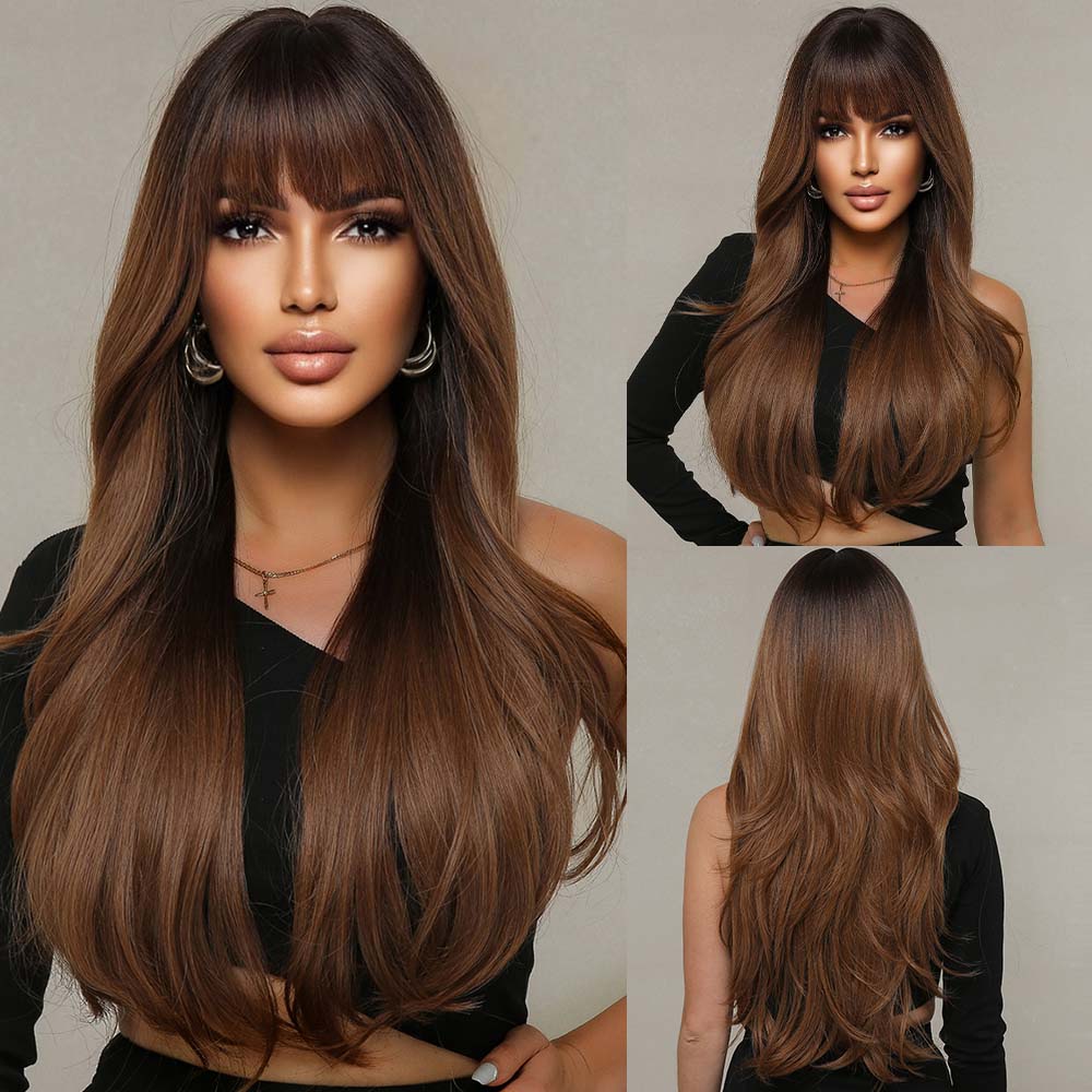 Dark Brown Synthetic Wigs with Bangs Long Wavy Golden Highlights Women's Wig Daily Cosplay Party Natural Hair Heat Resistant