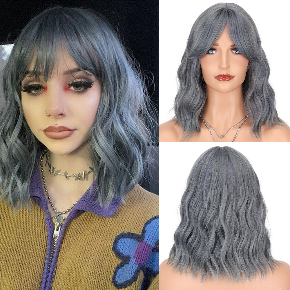 Synthetic Wavy Bob Wigs 14Inch Cosplay Medium Wig With Bangs Natural Hairline Orange Purple Pink Blue Wigs For Women