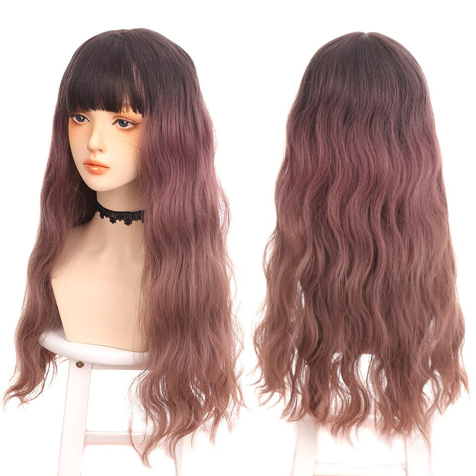 synthesis Long wavy curly girl blonde gradient pink Lolita cosplay curly bangs party wig
