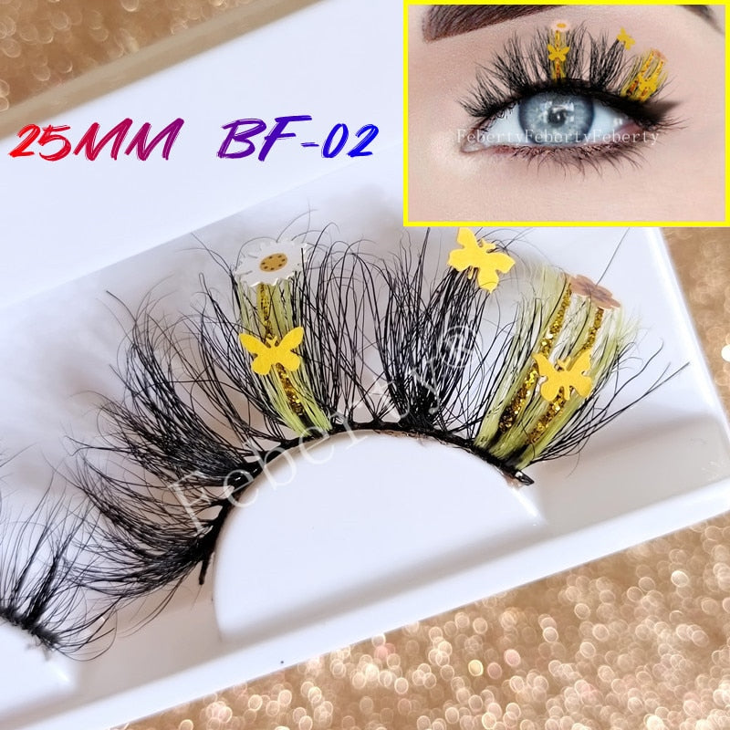 Fluffy lashes 25mm glitter Mink Lashes With Butterfly flowers yellow Pink Green Colorful Lashes Glitter False Eyelashes
