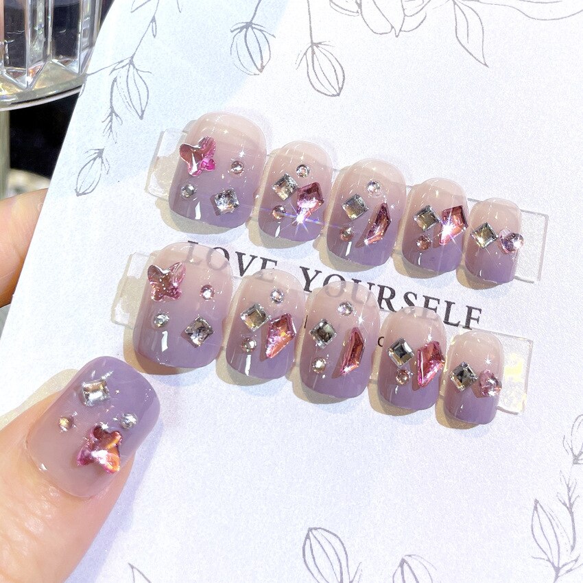 24pcs Wearable artificial nails burst broken drill glitter powder press on nails short french rhinestones fake nails with glue