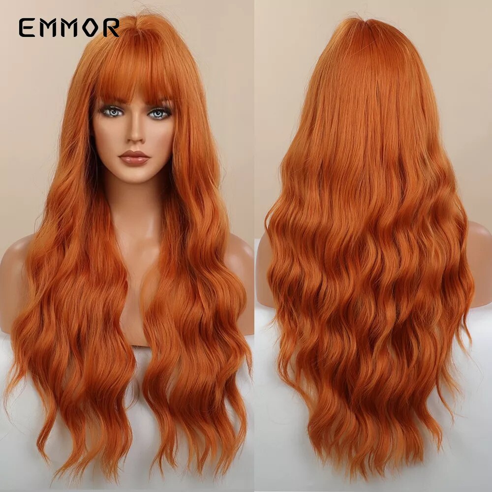 Synthetic Middle Dark Red with Bangs for Women Natural Long Water Wavy Cosplay Hairstyle Heat Resistant Fiber Hair Wigs