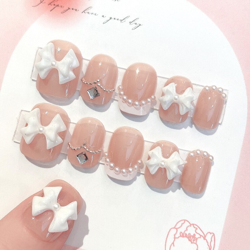 24pcs Wearable artificial nails burst broken drill glitter powder press on nails short french rhinestones fake nails with glue