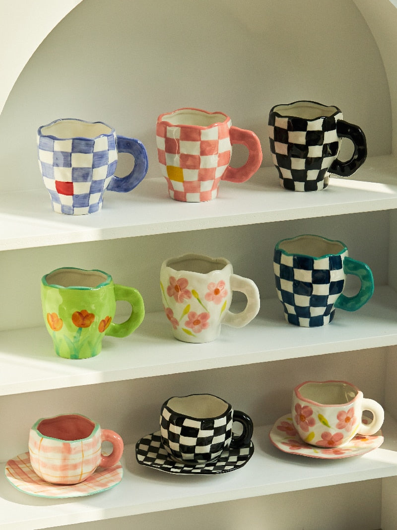 Korean Ins Style Hand Made Irregular Mug Hand Painted Flowers Ceramic Mug Breakfast Cup Coffee Cup Cute Tea Cups
