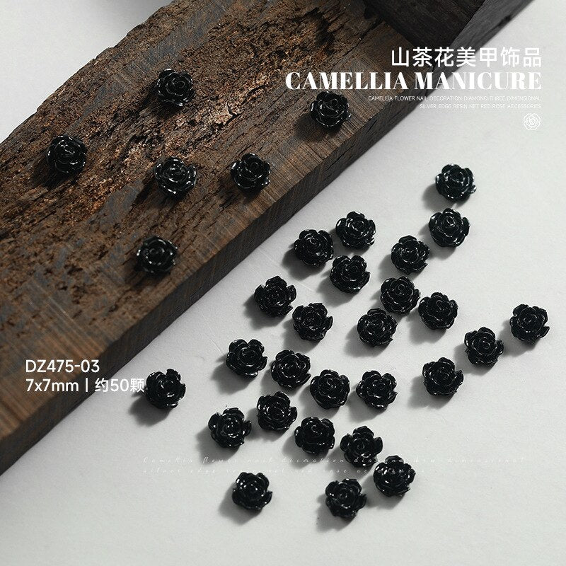 1 box Manicure Black Camellia Nail parts Butterfly Flower Mixed Pearl Jewelry Flat Shaped Diamond Dark Rose Style Nail