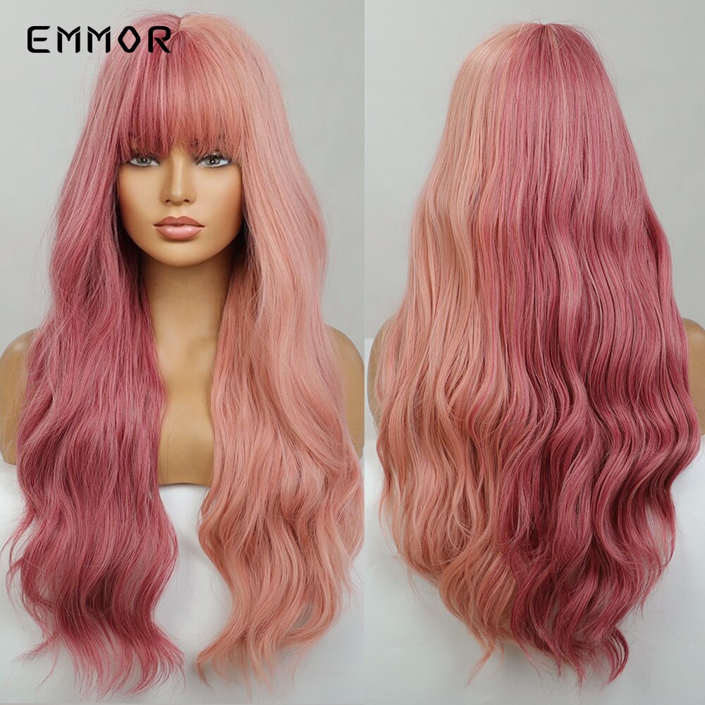 Synthetic Middle Dark Red with Bangs for Women Natural Long Water Wavy Cosplay Hairstyle Heat Resistant Fiber Hair Wigs