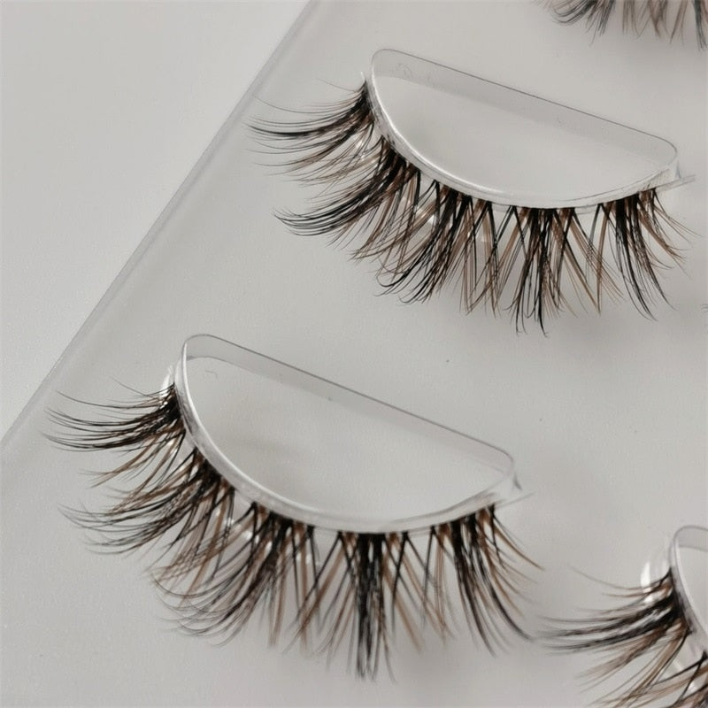 Natural Simulation black+ Brown False Eyelashes Nude Thick Lashes 3Pairs Transparent Stems Handmade Cross Eyelashes