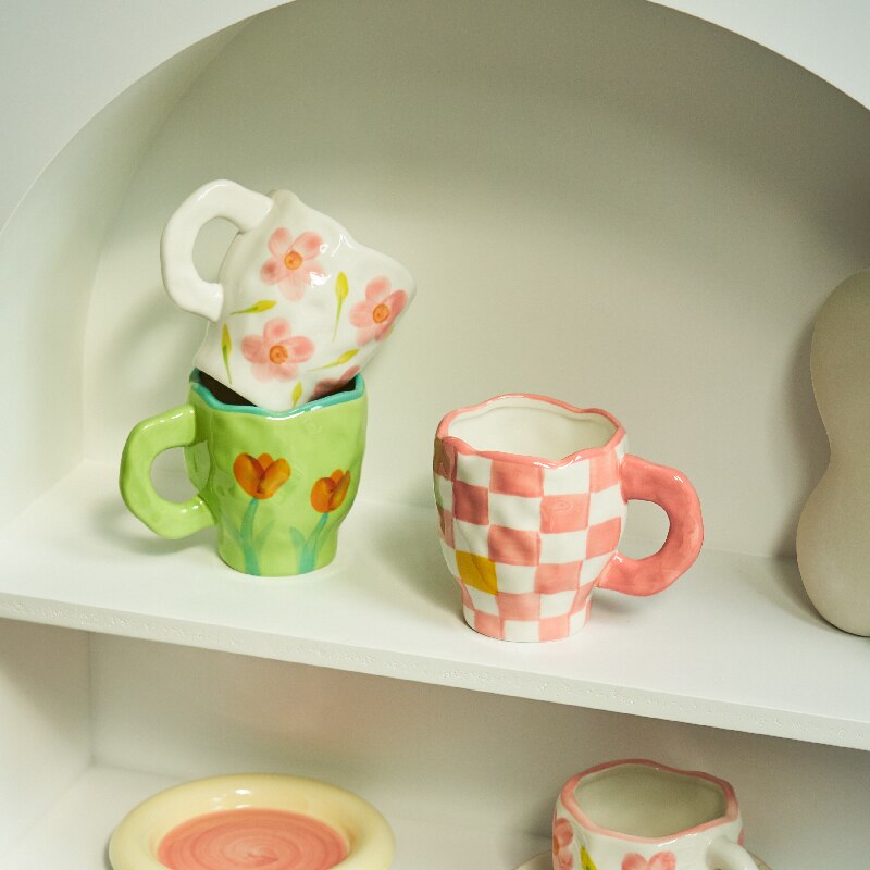 Korean Ins Style Hand Made Irregular Mug Hand Painted Flowers Ceramic Mug Breakfast Cup Coffee Cup Cute Tea Cups