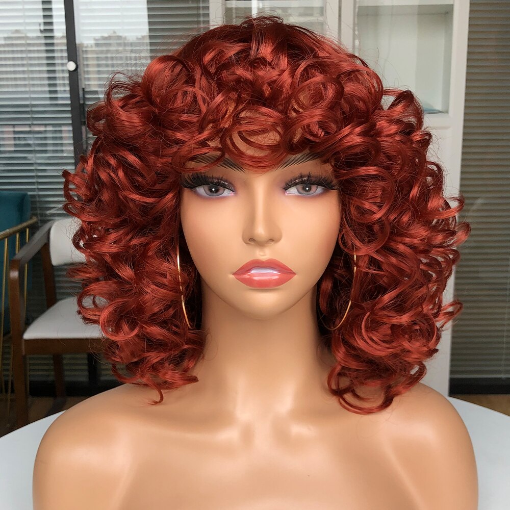 Short Hair Afro Curly Wig With Bangs For Black Women Cosplay Fluffy Glueless Mixed Brown Blonde Wigs Natural High Temperat Red