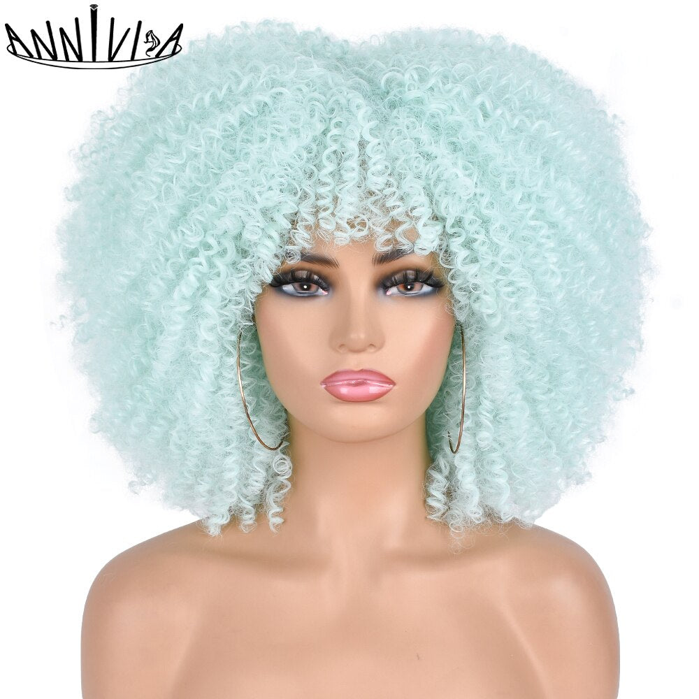 Short Hair Afro Kinky Curly Wigs With Bangs for Black Women Synthetic Ombre Glueless Cosplay Natural Brown Black Pink