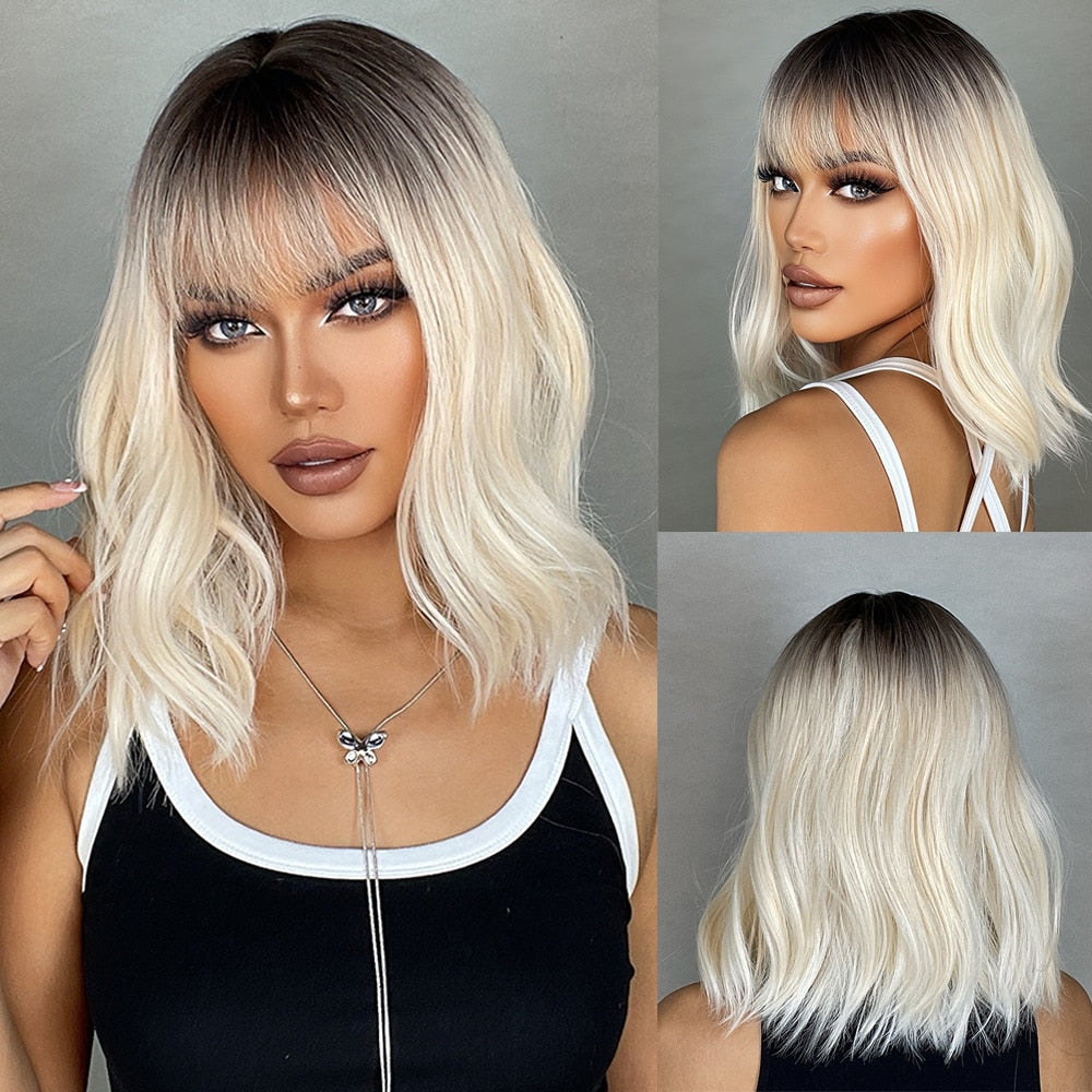 Short Wavy Dark Brown Mixed Golden Wigs with Bangs Black Blonde Bob Synthetic Hair for Women Natural Cosplay Heat Resistant Wig