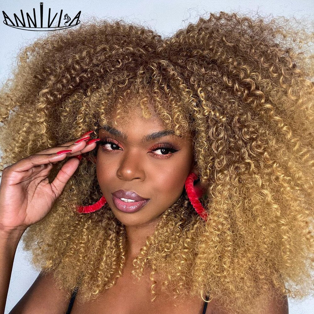 Short Hair Afro Kinky Curly Wigs With Bangs for Black Women Synthetic Ombre Glueless Cosplay Natural Brown Black Pink
