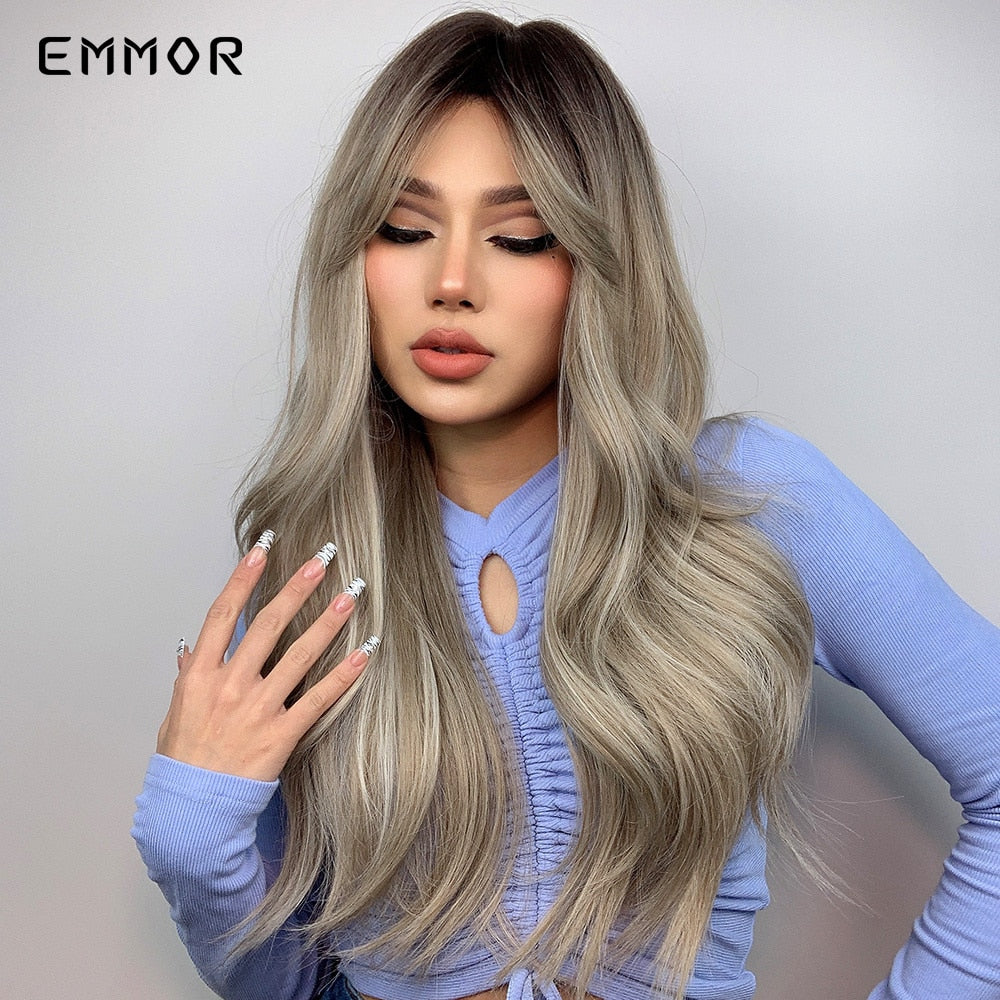 Synthetic Long Wavy Wigs with Bangs Cosplay Natural Ombre Brown to Ash Brown Hair for Women High Temperature Fiber Wig