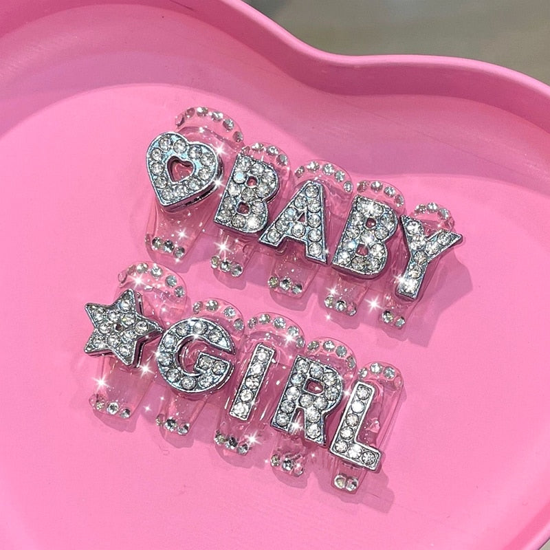 Glittery Rhinestone Press On Nails Y2K Handmade Long Coffin False Nail Set Reusable Fake Nail With Glue Tips Gift
