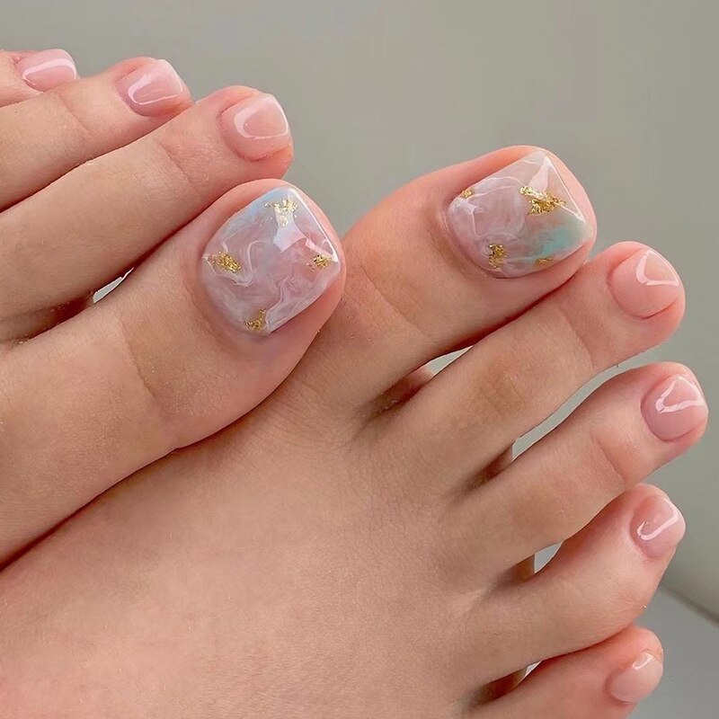 24pcs Pure French Diamond Sparkling toe fake nails with designs y2k Wearable Foot false nails full cover False Nail Art Pieces
