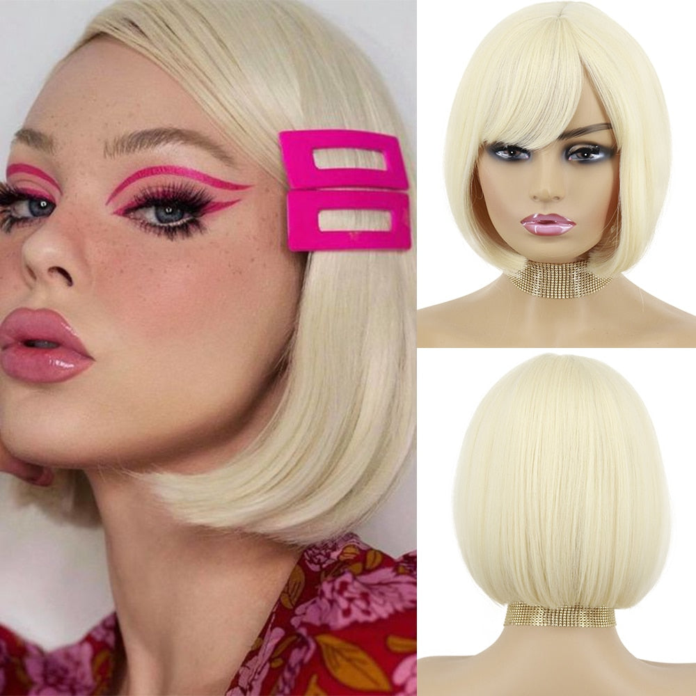 Synthetic Wigs Short Bob With Bangs For Women Ombre Black Red Blonde Pink Lolita Cosplay Party Natural Hair Roll inward