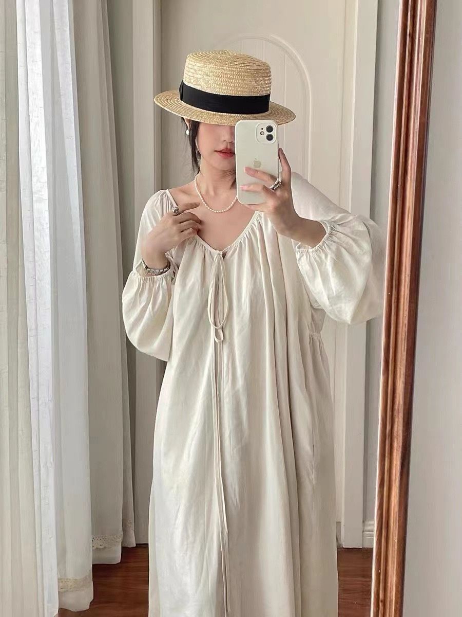 Women French Style Vintage Pajamas Night Dress Female Spring Autumn Solid Color Long Night Gown Casual Homedress Plus Size 4XL