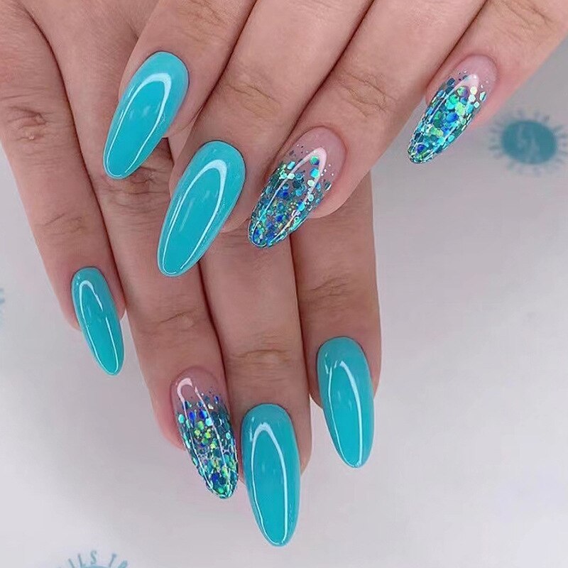 24Pcs Purple Heart Almond False Nails Artificial Simple with Glue French Wearable Fake Nails Full Cover Press on Nails Tips Art