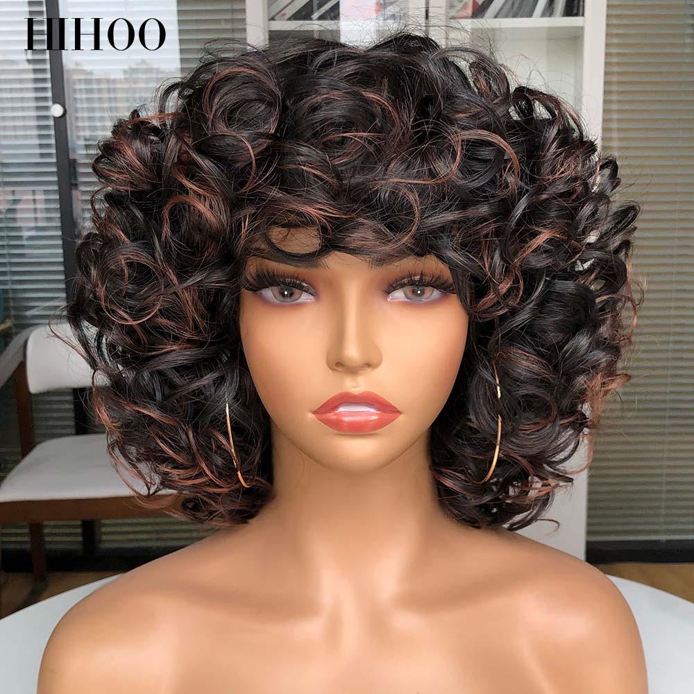 Short Hair Afro Curly Wig With Bangs For Black Women Cosplay Fluffy Glueless Mixed Brown Blonde Wigs Natural High Temperat Red