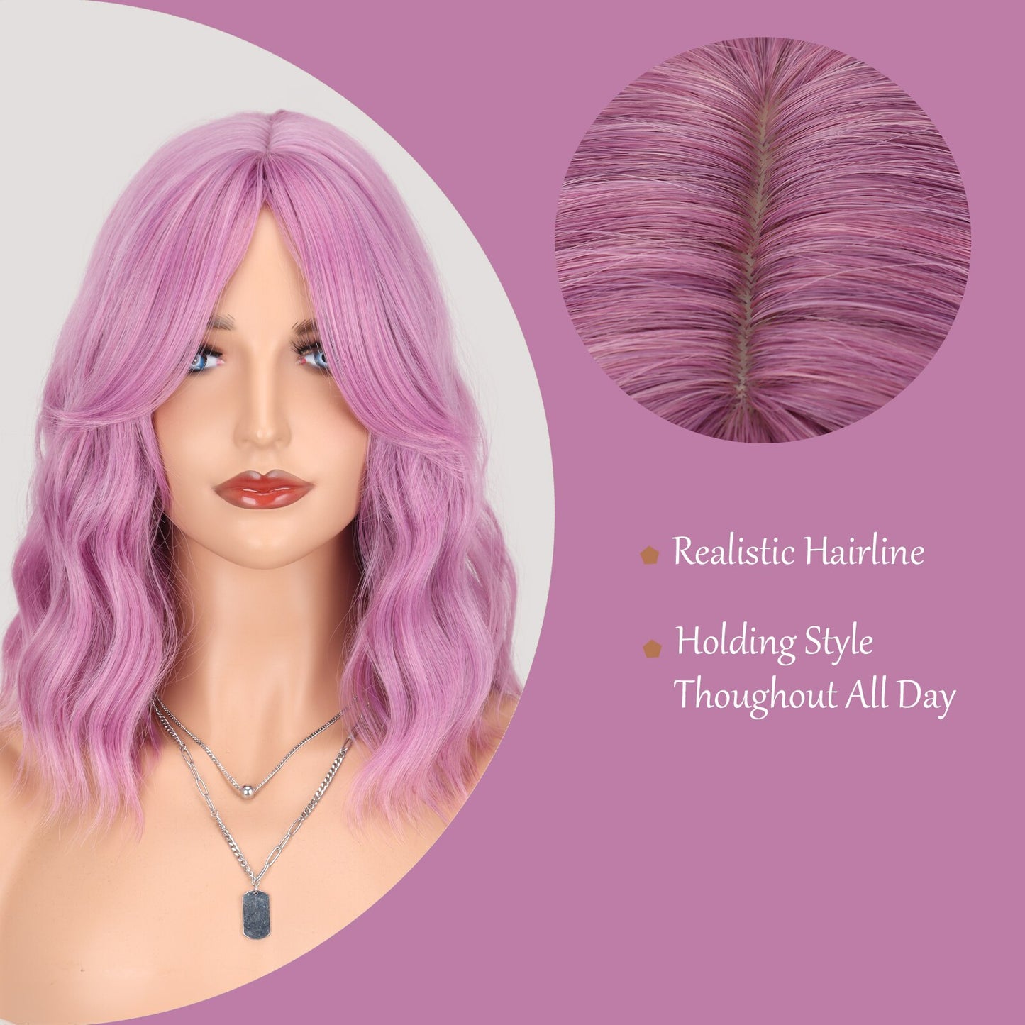 Synthetic Wavy Bob Wigs 14Inch Cosplay Medium Wig With Bangs Natural Hairline Orange Purple Pink Blue Wigs For Women