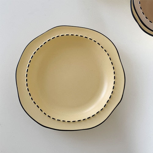 Japanese Cream Cartoon Ceramic Tableware Set Irregular Rice Bowl Soup Ceramic Plate Household Dish Stripe