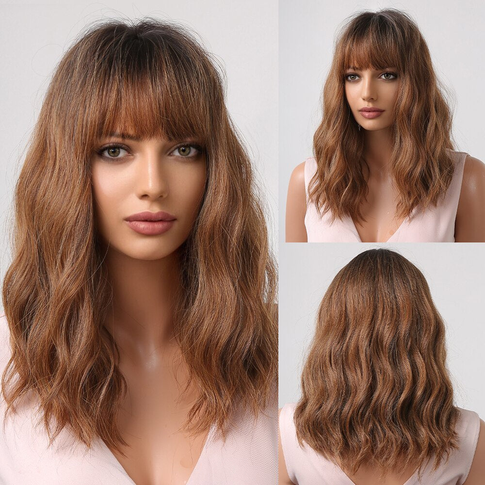 Blobde Ombre Short Bob Synthetic Wavy Wig with Bangs Shoulder Length Wigs for Women Natural Cosplay Hair Heat Resistant
