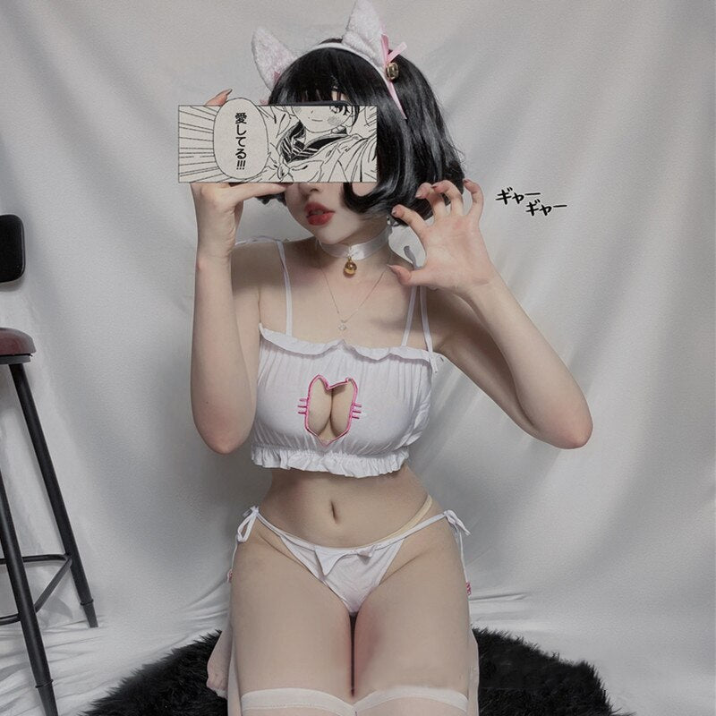 Japanese katze Cat Women Cosplay Maid Outfit Love Hollow Out Costumes Cute Lolita Bra Set Kawaii Underwear Sexy Lingerie