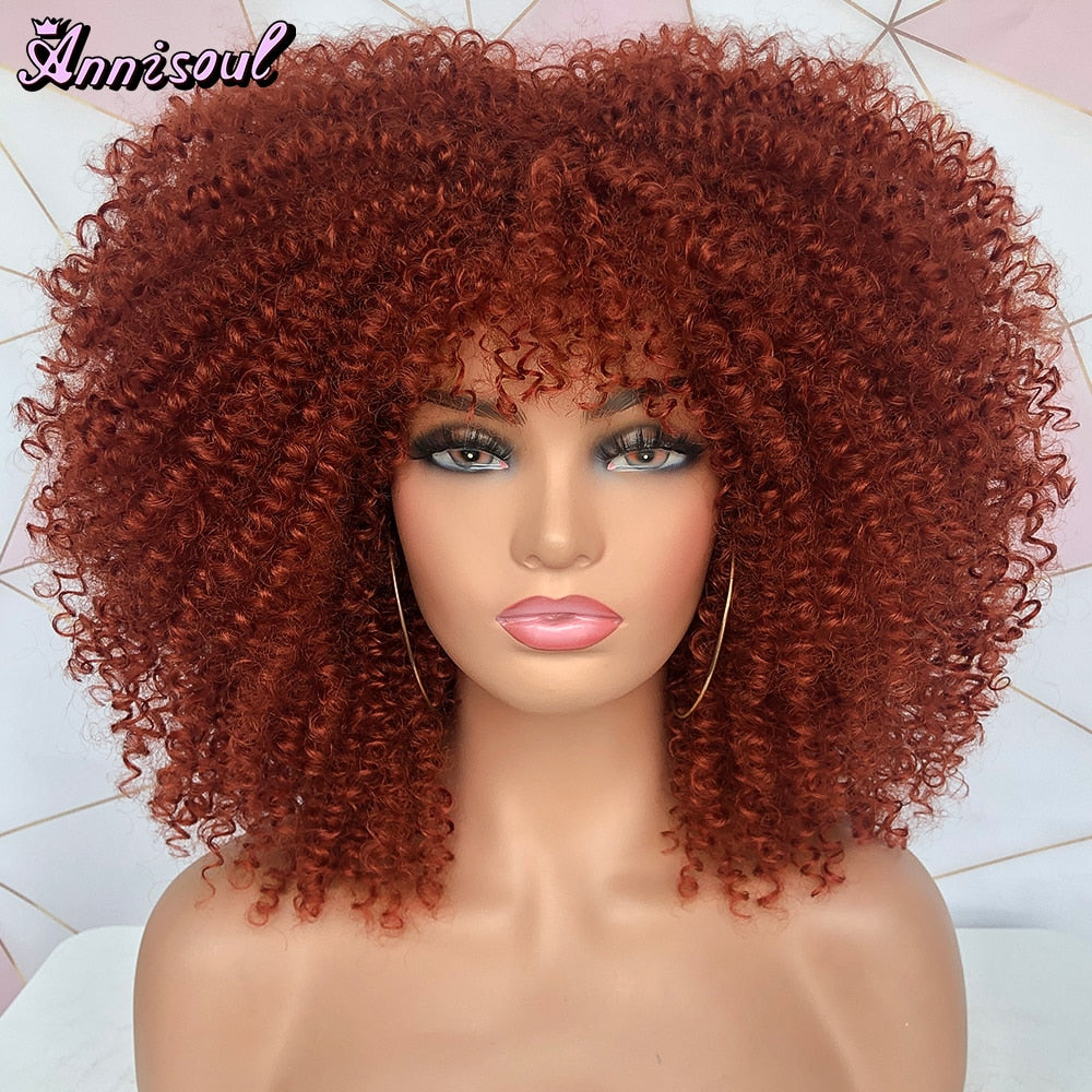 Short Afro Kinky Curly Wig With Bangs For Black Women Synthetic Natural Blonde Cosplay Wigs Glueless High Temperature Hair