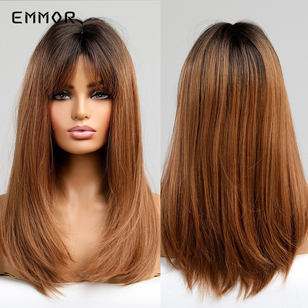 Synthetic Long Wavy Wigs with Bangs Cosplay Natural Ombre Brown to Ash Brown Hair for Women High Temperature Fiber Wig