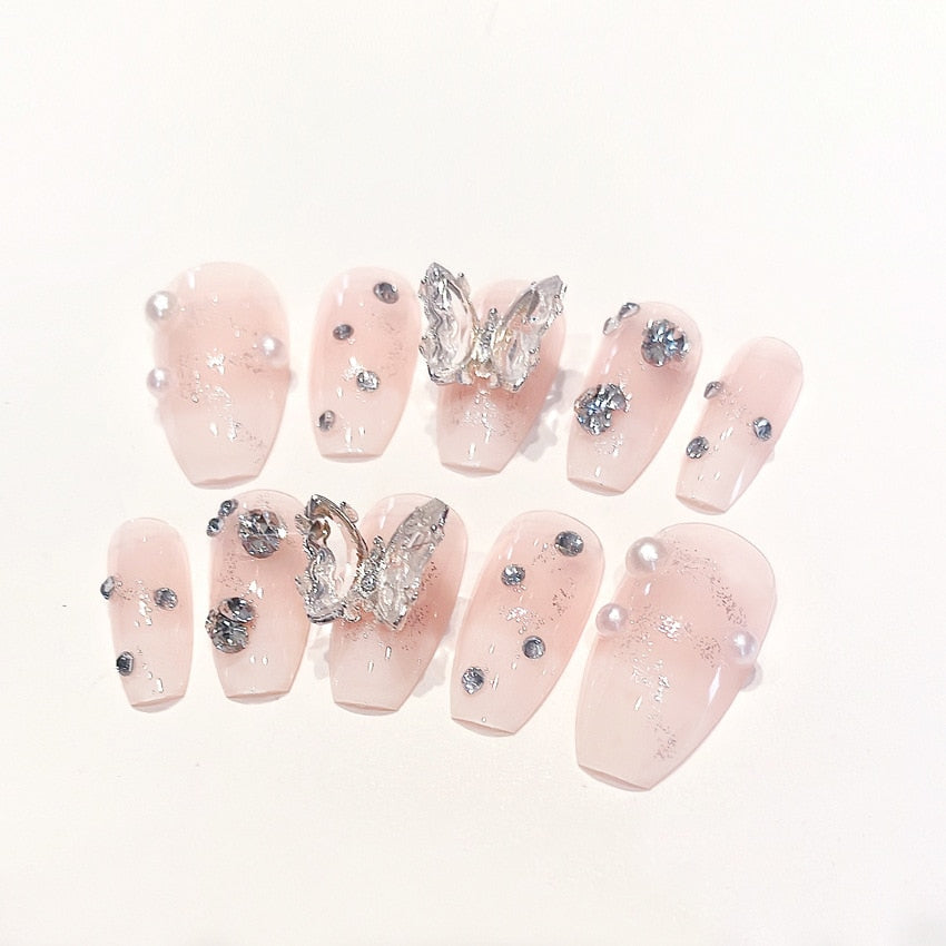 24pcs Wearable artificial nails burst broken drill glitter powder press on nails short french rhinestones fake nails with glue