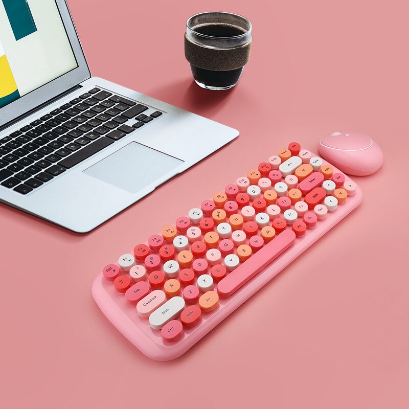 Cute Pink Wireless Keyboard Office Mouse 2.4G Keyboard and Mouse Set Round Key Cap Girly Pink Keyboard Mini Gaming