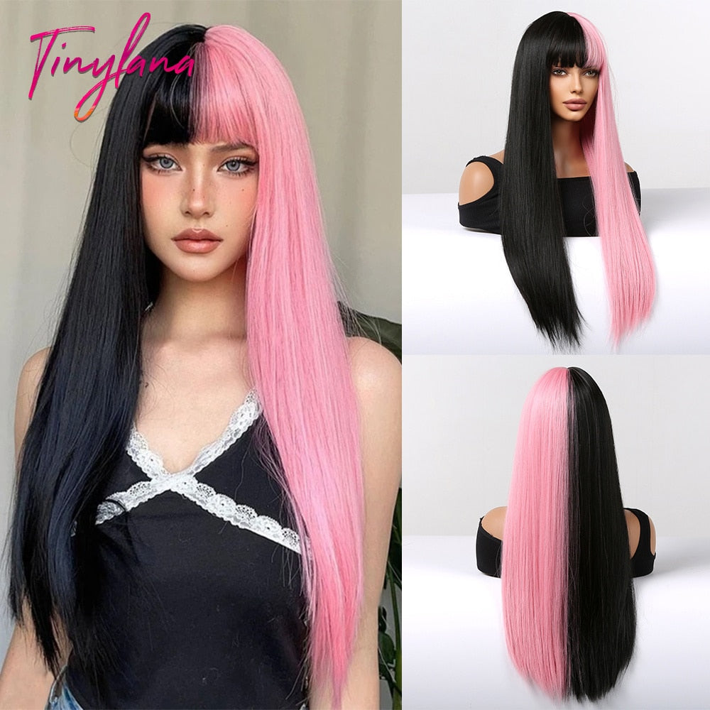 Black and Dark Red Long Straight Synthetic Hair Wigs with Bangs Cosplay Party Halloween Two Tone Wig for Women Heat Resistant