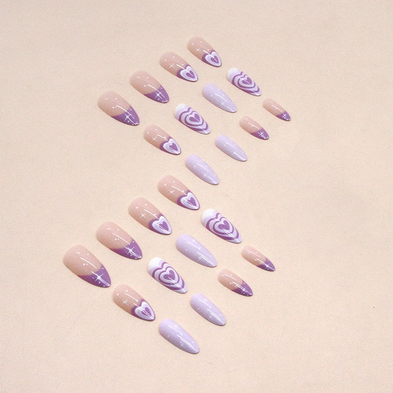 24Pcs Purple Heart Almond False Nails Artificial Simple with Glue French Wearable Fake Nails Full Cover Press on Nails Tips Art