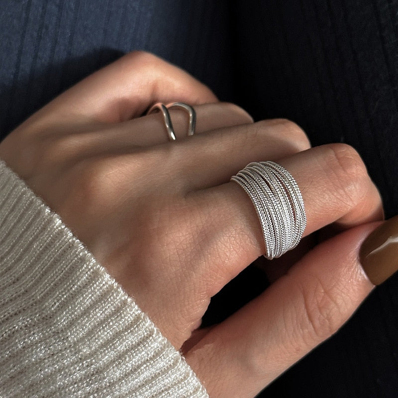 925 Sterling Silver Unique Lines Ring For Women Jewelry Finger Adjustable Open Vintage Ring For Party Birthday