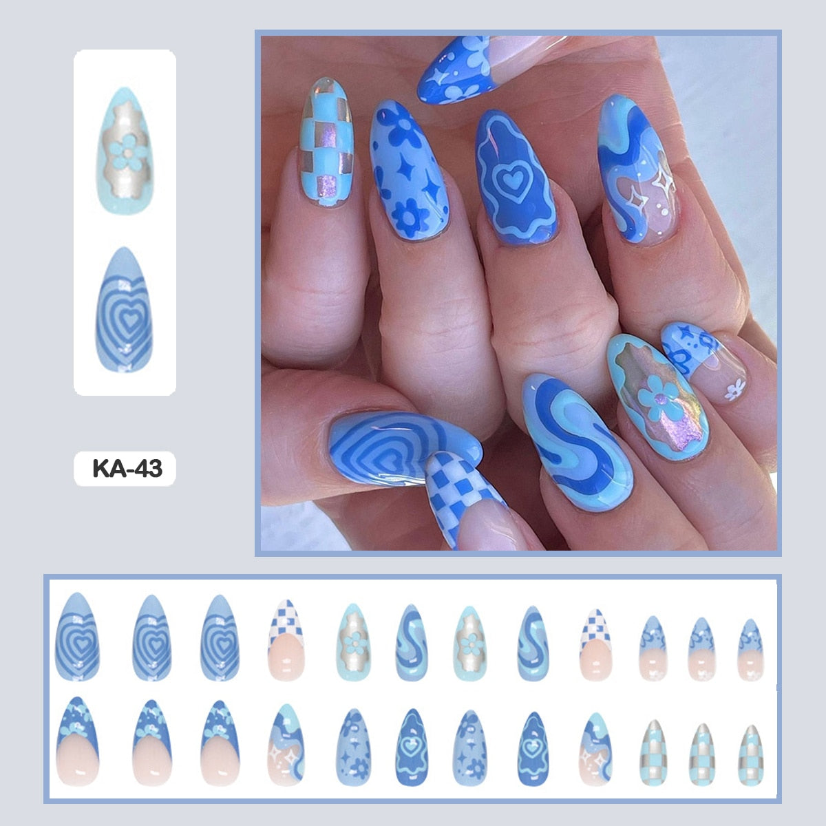 24pcs Girlish Colorful Graffiti Nail Art Fake Nails With Plants Flowers Patterns Short Press on False Nails With Wearing Tools