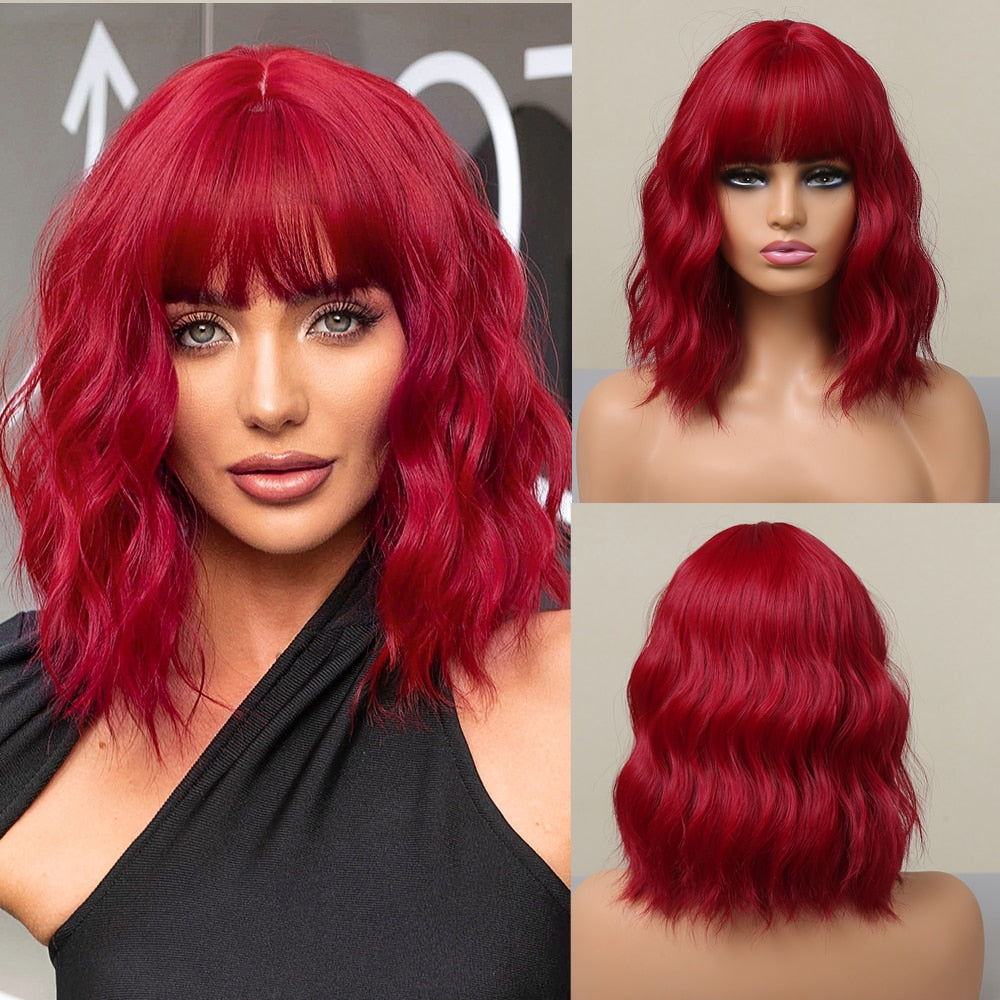 Short Wavy Dark Brown Mixed Golden Wigs with Bangs Black Blonde Bob Synthetic Hair for Women Natural Cosplay Heat Resistant Wig